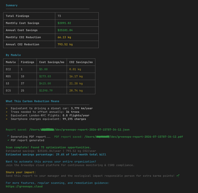 Terminal output showing a larger scan summary across EC2, RDS, S3, and ECS with report file paths and an upgrade prompt